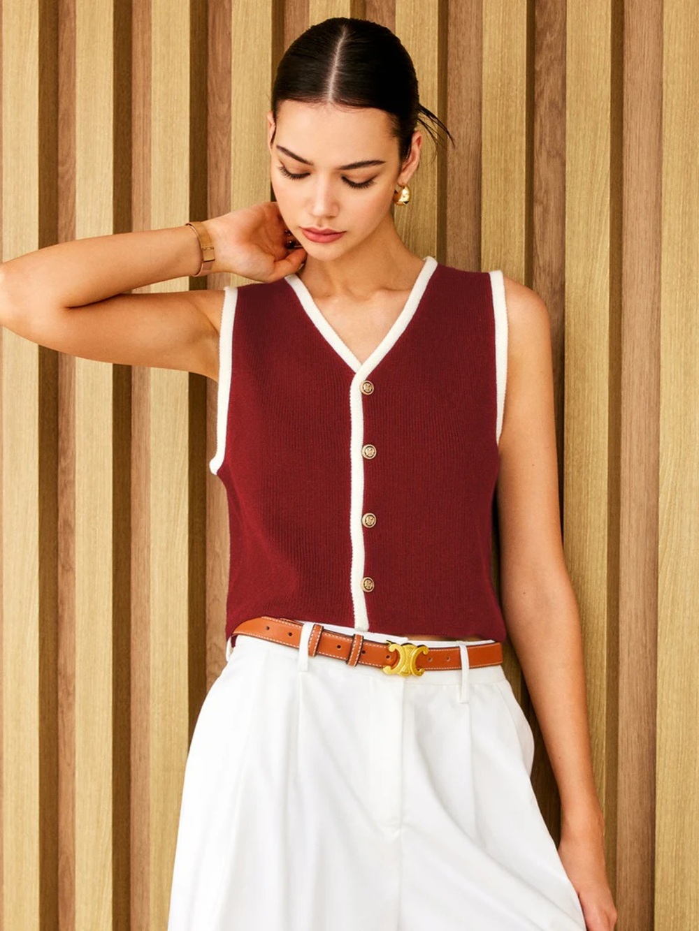 Red Knit Gold Button-Up Vest with Ivory Trim